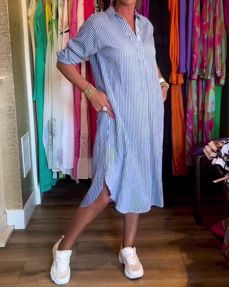 Cato - Striped Shirt Dress with Lapel Collar
