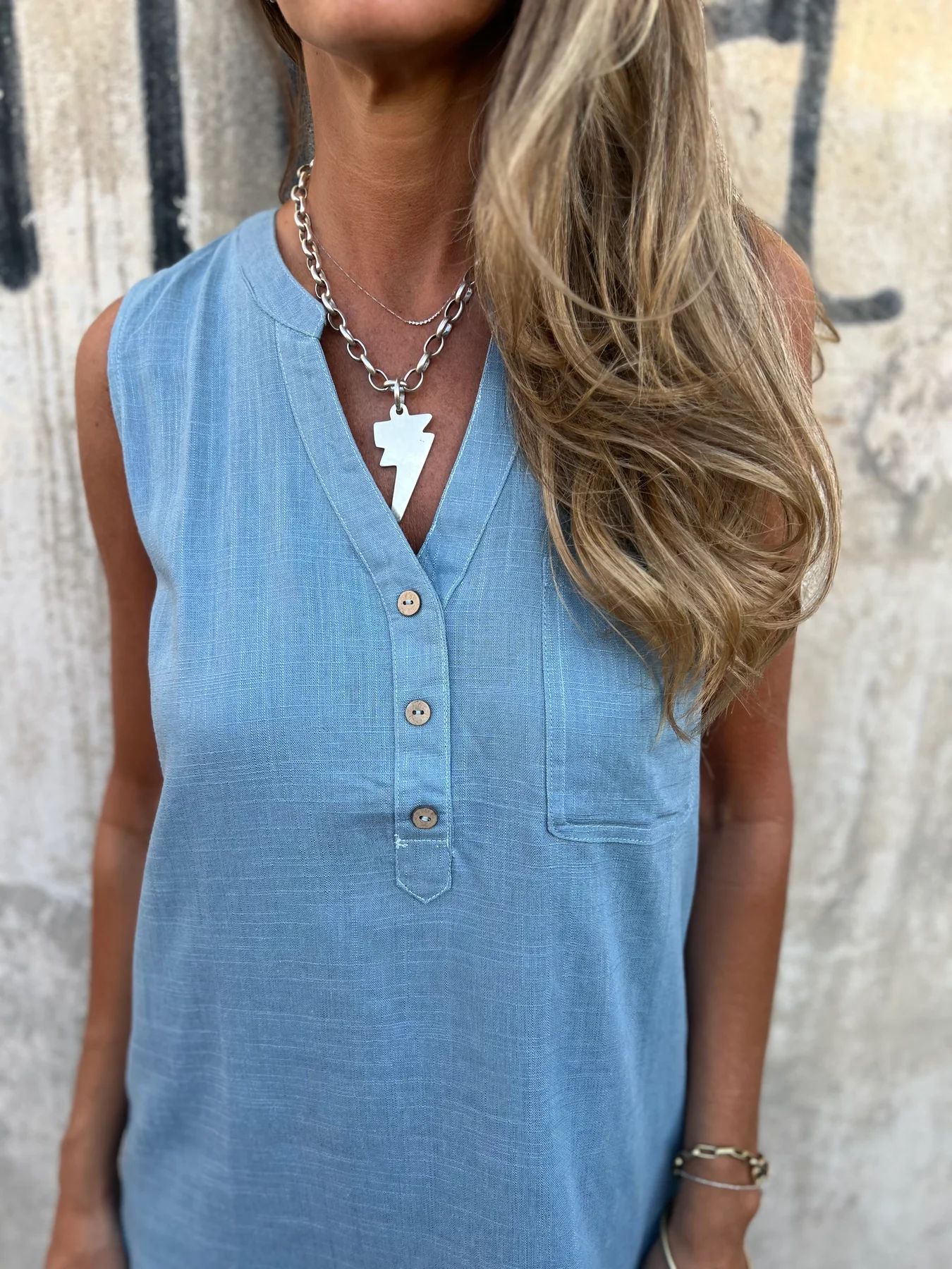 Nerelle - Casual Cotton and Linen Dress with V-Neck and Side Pocket