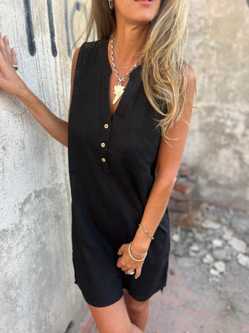 Nerelle - Casual Cotton and Linen Dress with V-Neck and Side Pocket