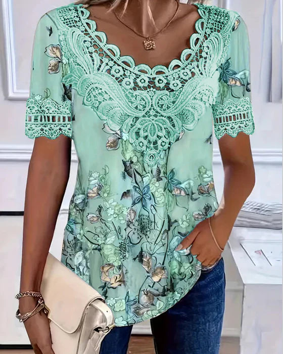 Amalina - Floral Print Short Sleeve T-shirt for a Fresh and Casual Style