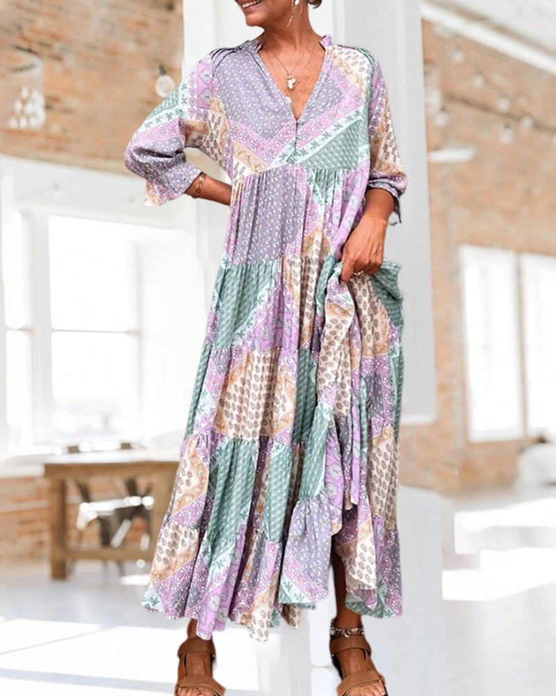 Quinna - Colourful maxi dress with Colour block print and 3/4 sleeves