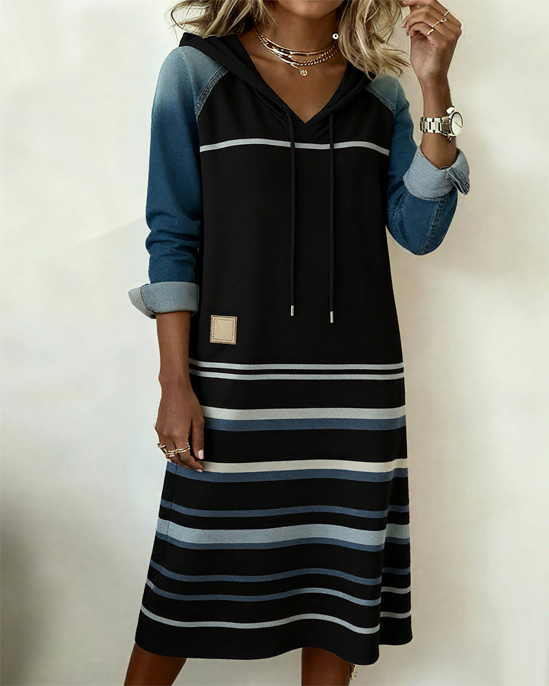 Ceralyn - Casual Hooded Dress with Striped Patchwork Pattern