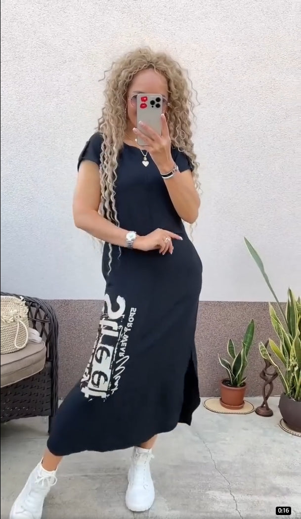 Delara - Letter Print Dress with Round Neck and Slit at Pockets