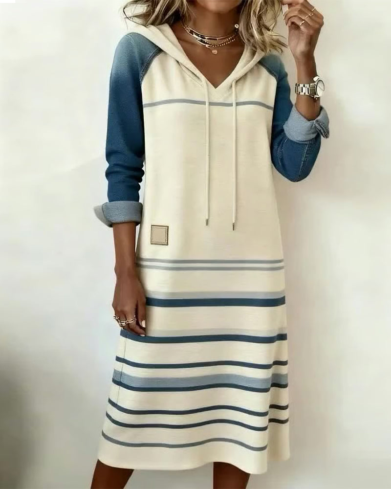 Ceralyn - Casual Hooded Dress with Striped Patchwork Pattern