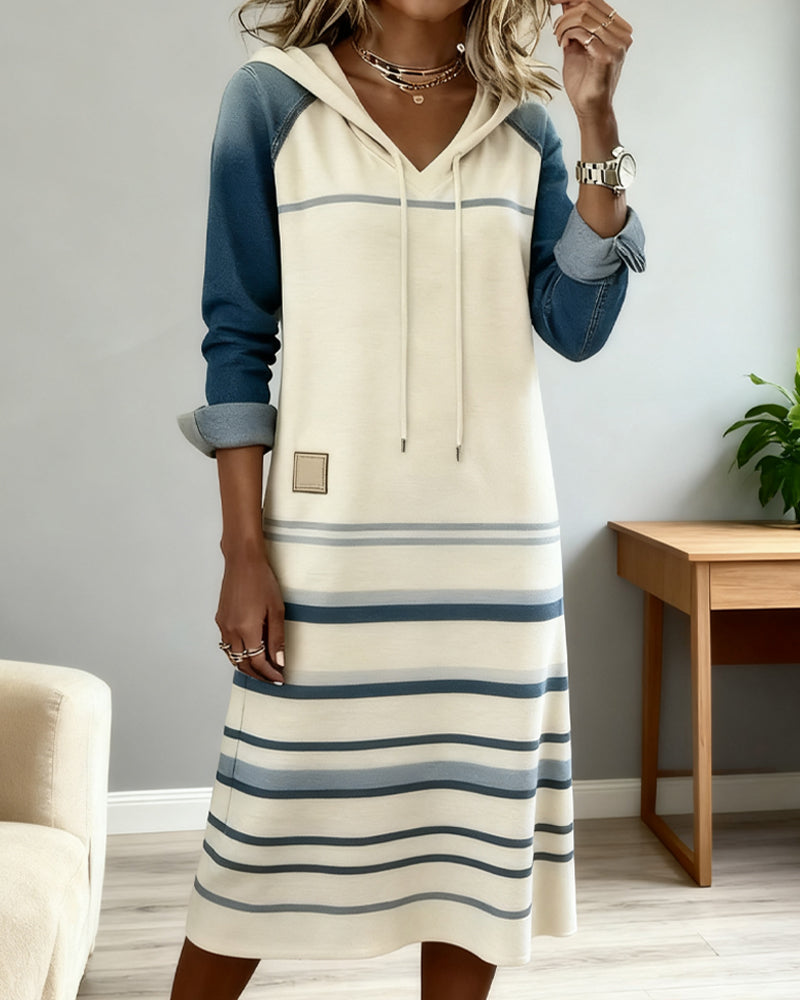 Ceralyn - Casual Hooded Dress with Striped Patchwork Pattern