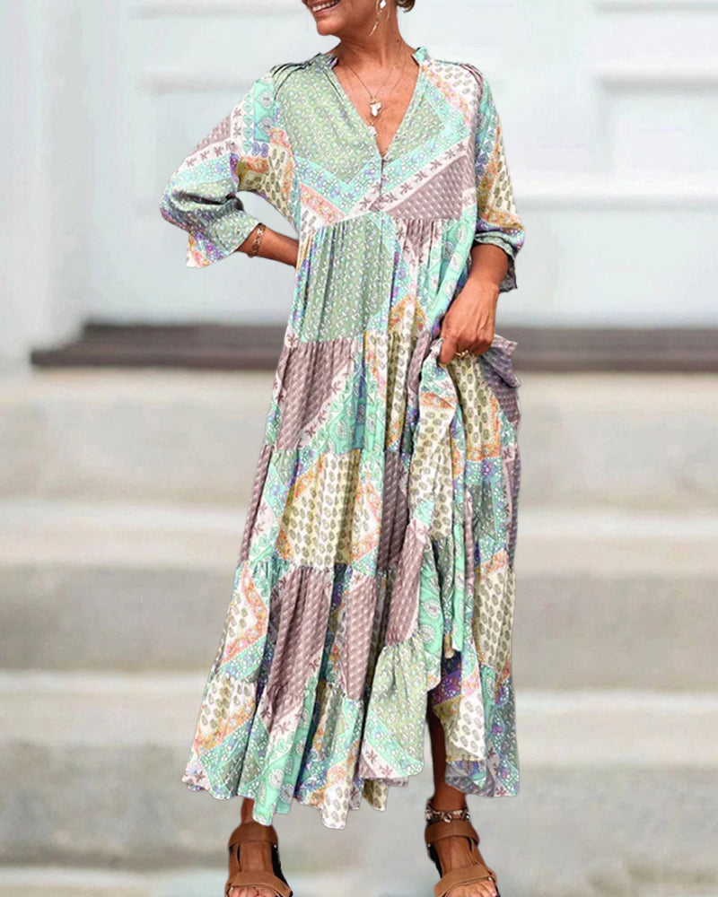 Quinna - Colourful maxi dress with Colour block print and 3/4 sleeves