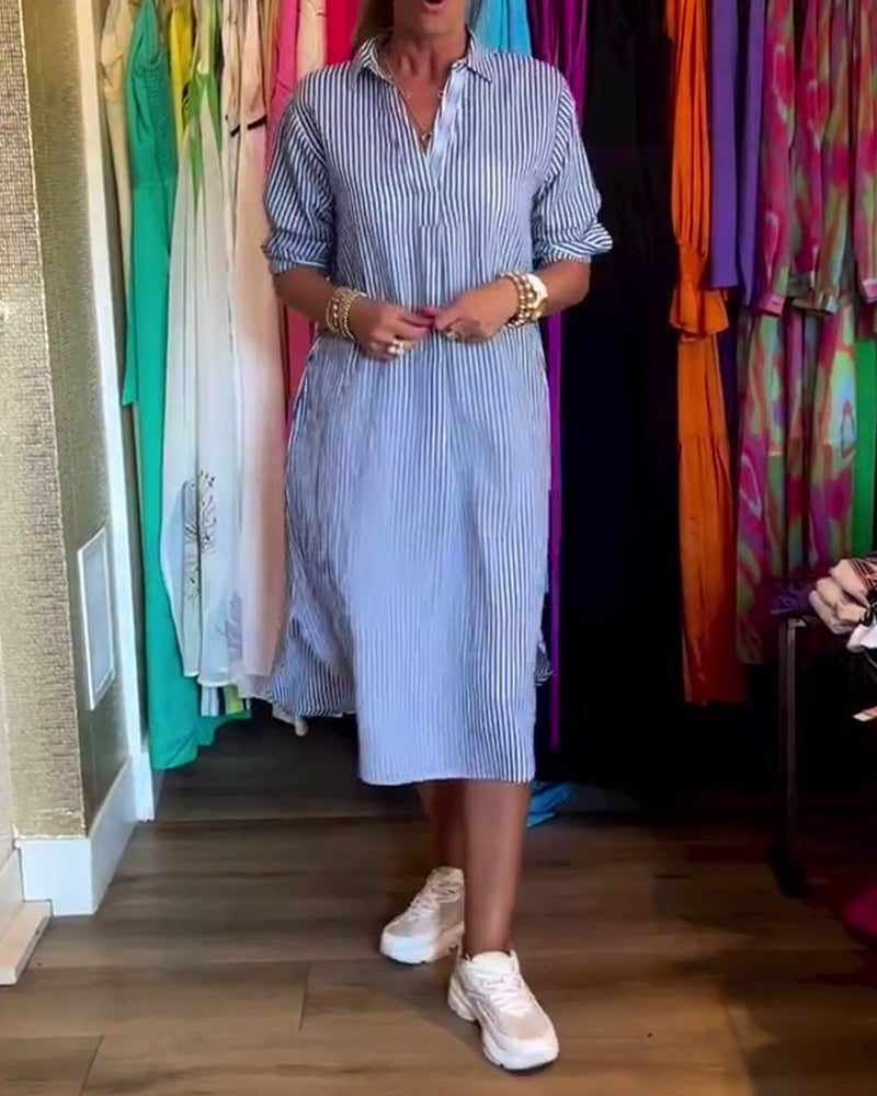 Cato - Striped Shirt Dress with Lapel Collar