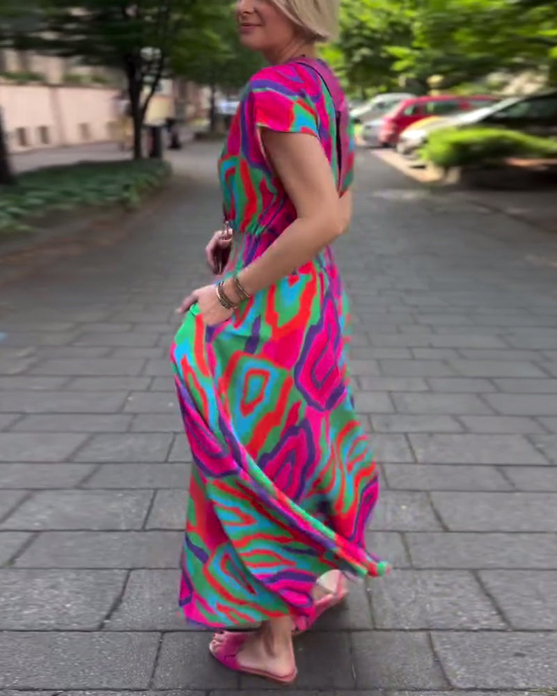 Roxana - Long dress with colorful print, V-neck and raglan sleeves