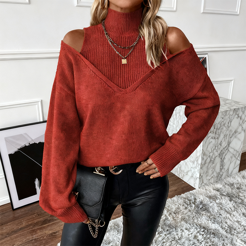 Avenelle - Women's Bold Wool Sweater with High Neck and Off-the-Shoulder