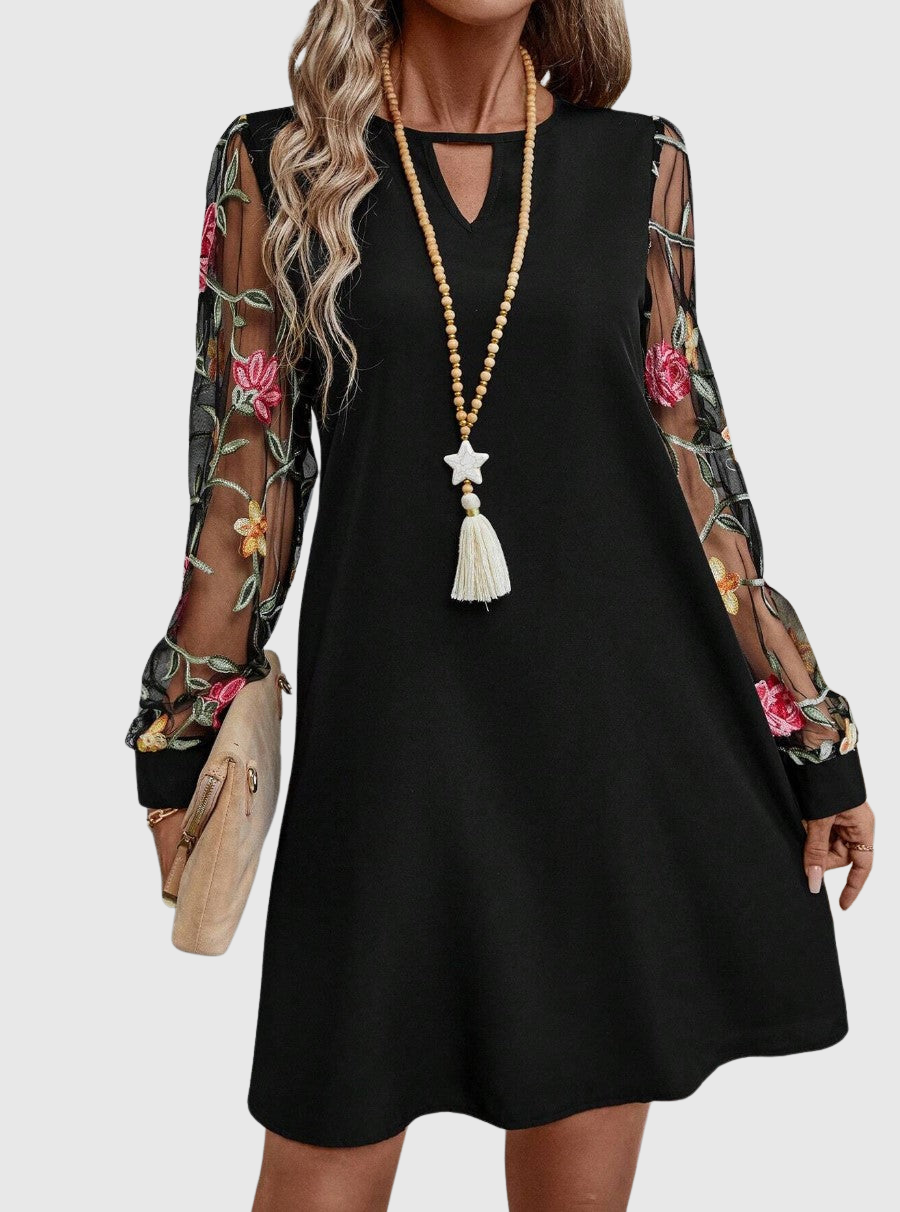 Neravira - Women's Dress with Plunging Neckline and Sheer Sleeves