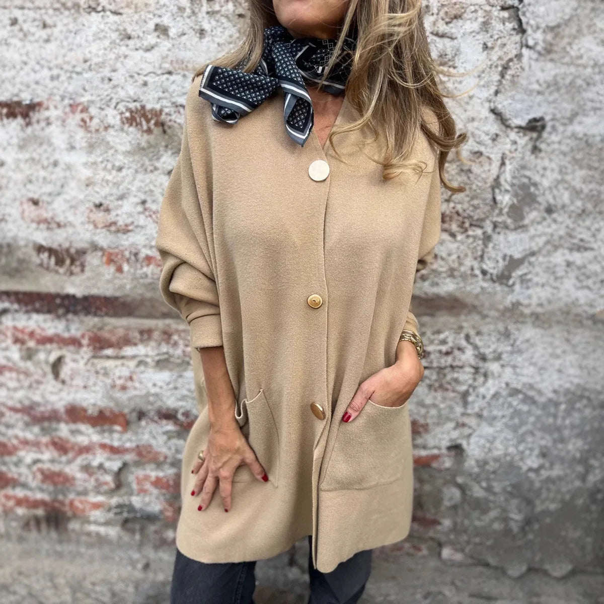 Giselora - Chunky Knit Cardigan with Gold Buttons and Front Pockets