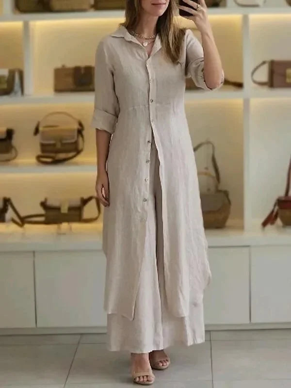 Bresina - Elegant linen set: long shirt dress and flowing trousers