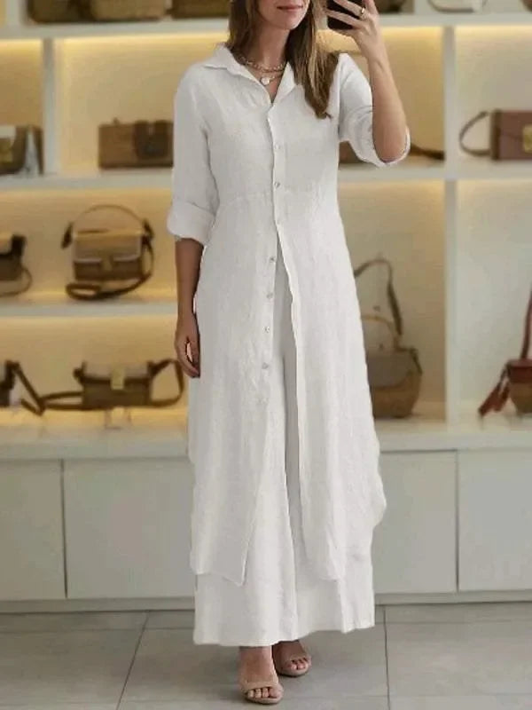 Bresina - Elegant linen set: long shirt dress and flowing trousers