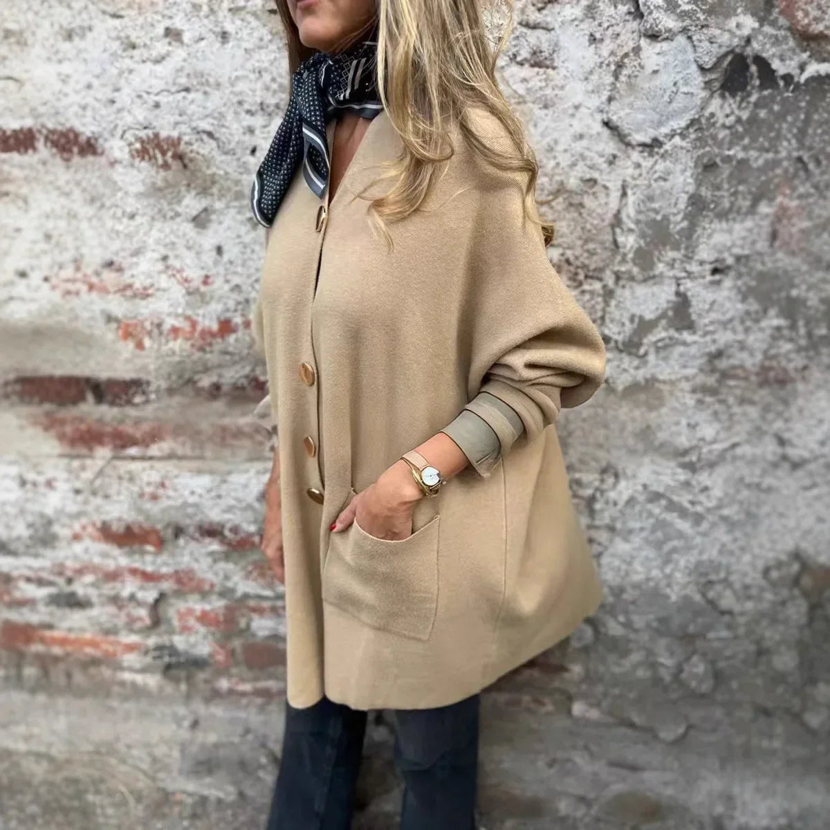 Giselora - Chunky Knit Cardigan with Gold Buttons and Front Pockets