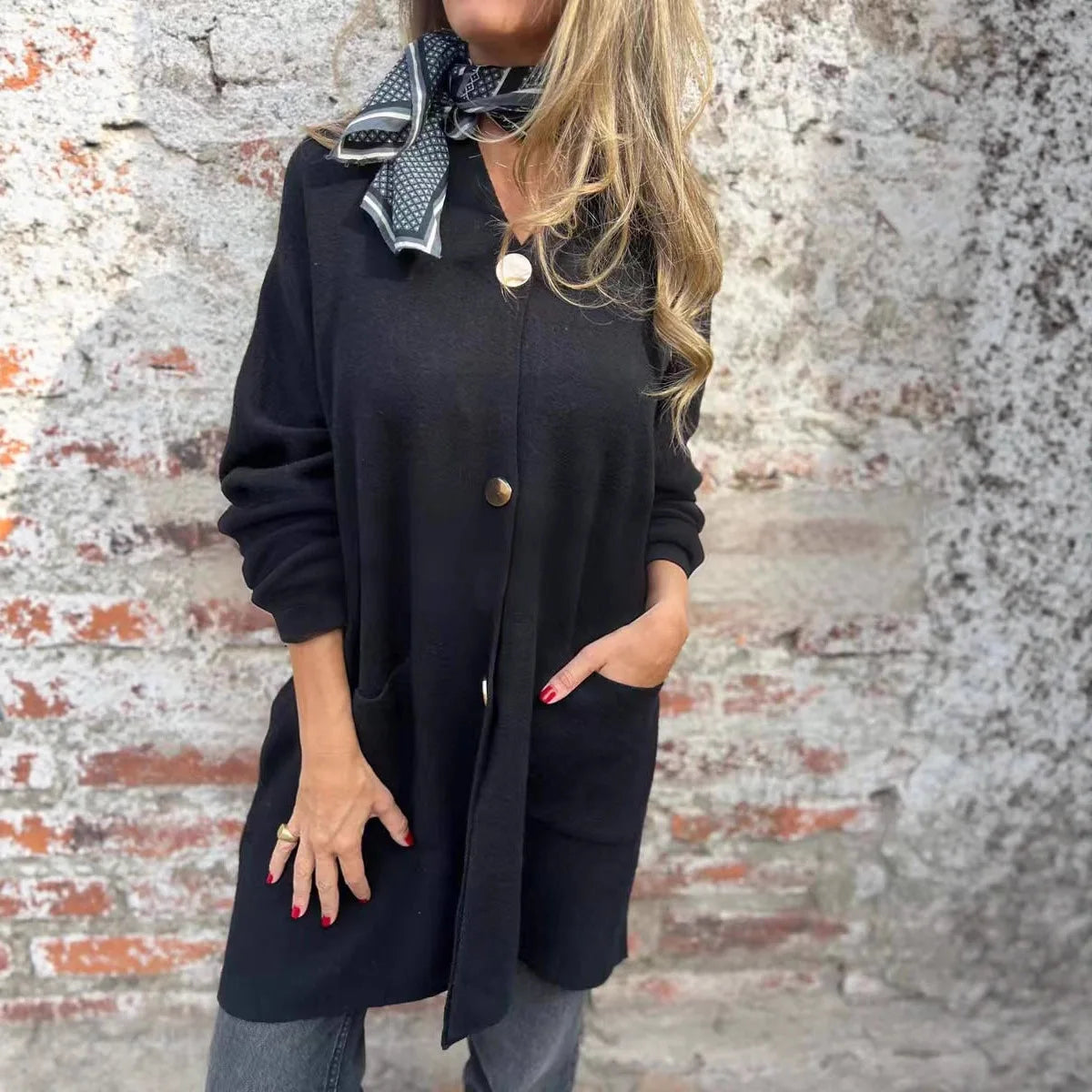 Giselora - Chunky Knit Cardigan with Gold Buttons and Front Pockets