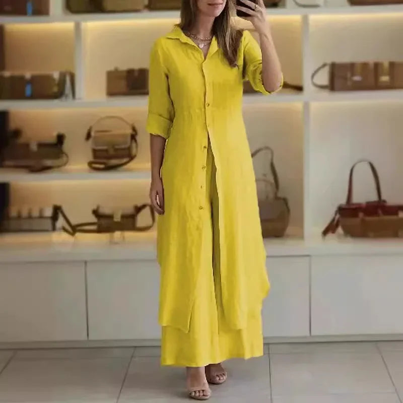 Bresina - Elegant linen set: long shirt dress and flowing trousers