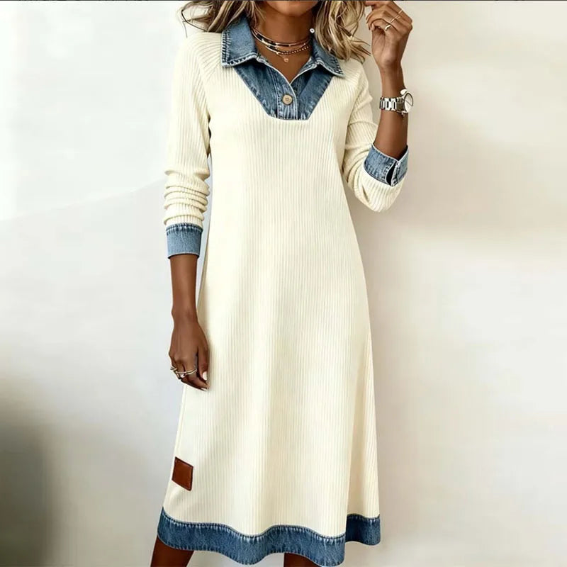 Helirra - Elegant Patchwork Shirt Collar Long Dress - Casual Fall Style