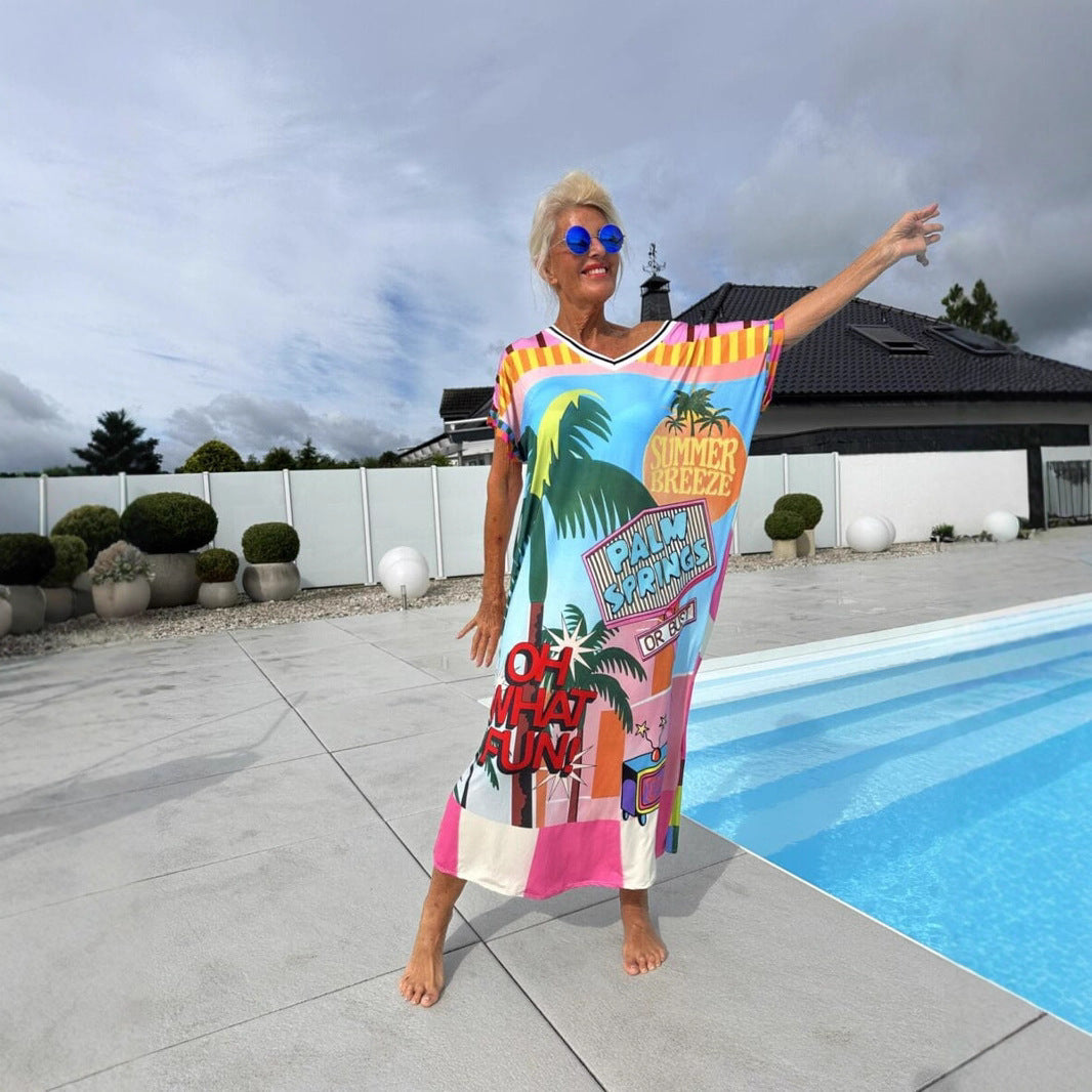 Cerelina - Women's summer dress with short sleeves and V-neck, with print