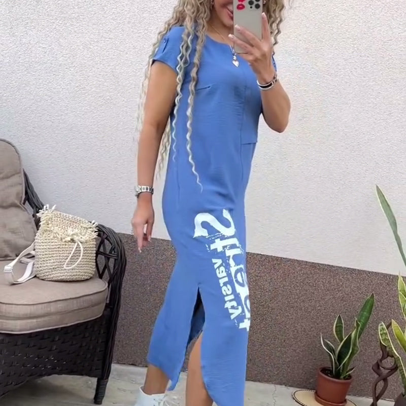 Delara - Letter Print Dress with Round Neck and Slit at Pockets