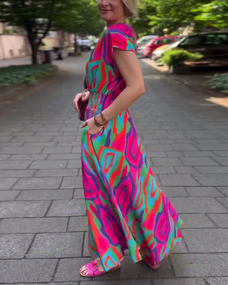 Roxana - Long dress with colorful print, V-neck and raglan sleeves