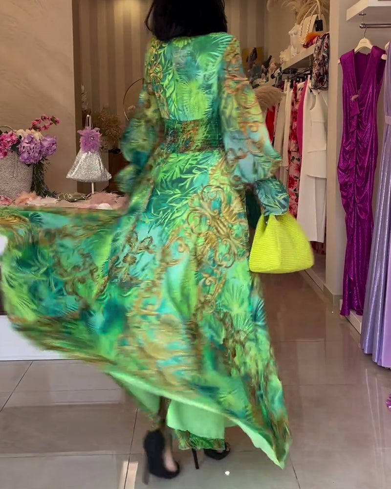 Aceline - Elegant Printed Empire Waist Long Dress