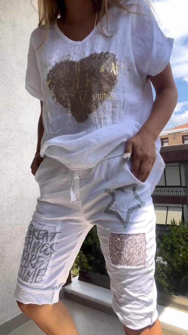 Anitra - Casual Two Piece V-Neck Set with Gold Embossed