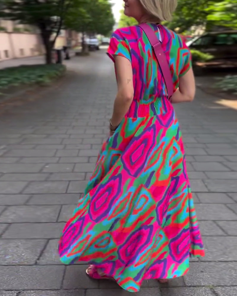 Roxana - Long dress with colorful print, V-neck and raglan sleeves