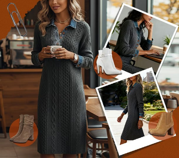 Bresaline - Chic cable knit dress with denim details