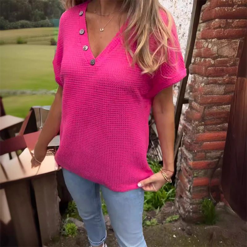 Adina - Elegant V-neck sweater with short sleeves and buttons