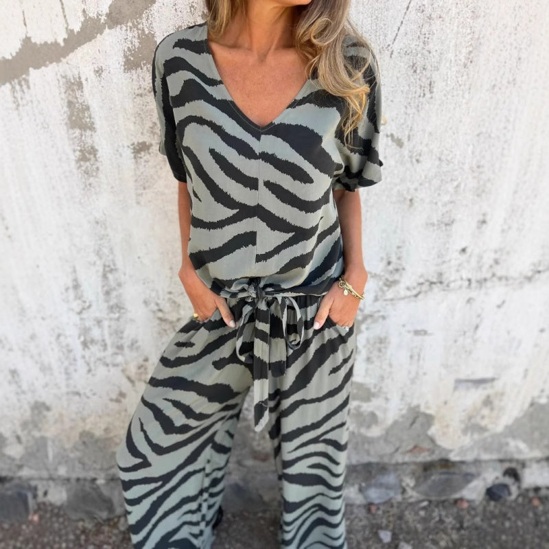 Alina - Zebra Print V-Neck Top and Pants Set