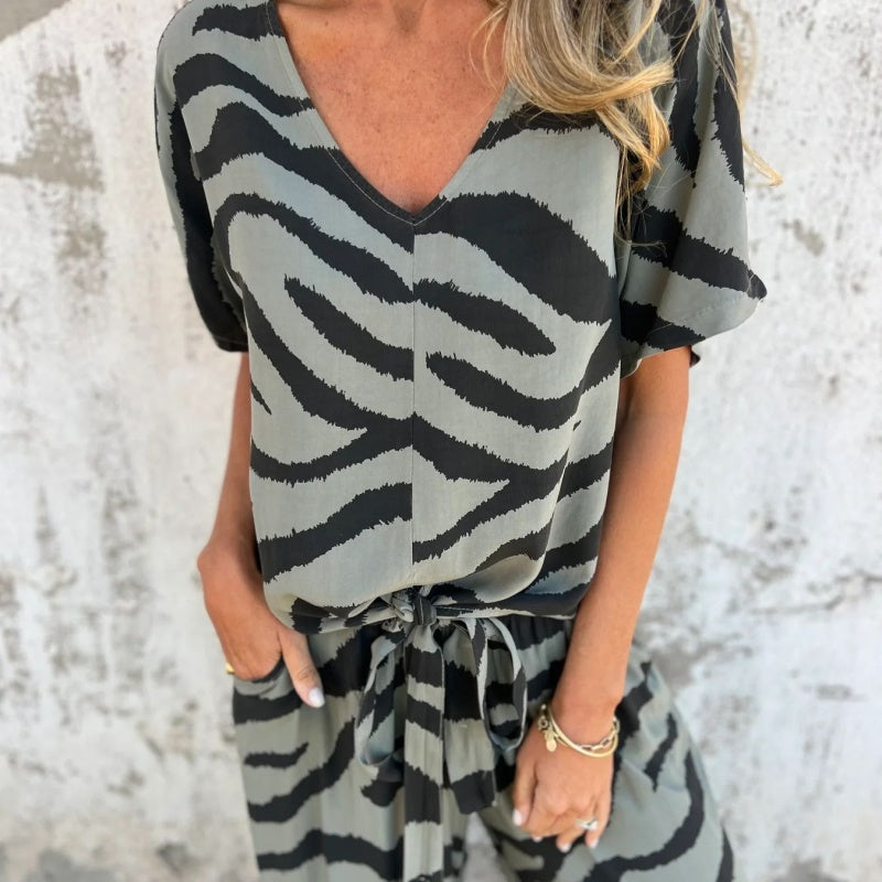 Alina - Zebra Print V-Neck Top and Pants Set
