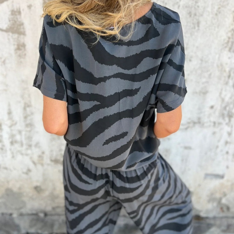Alina - Zebra Print V-Neck Top and Pants Set