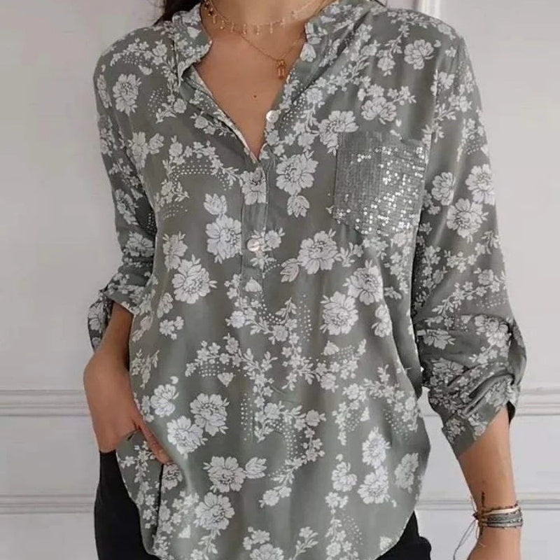 Avice - Long Sleeve Floral Blouse with Sparkly Pocket