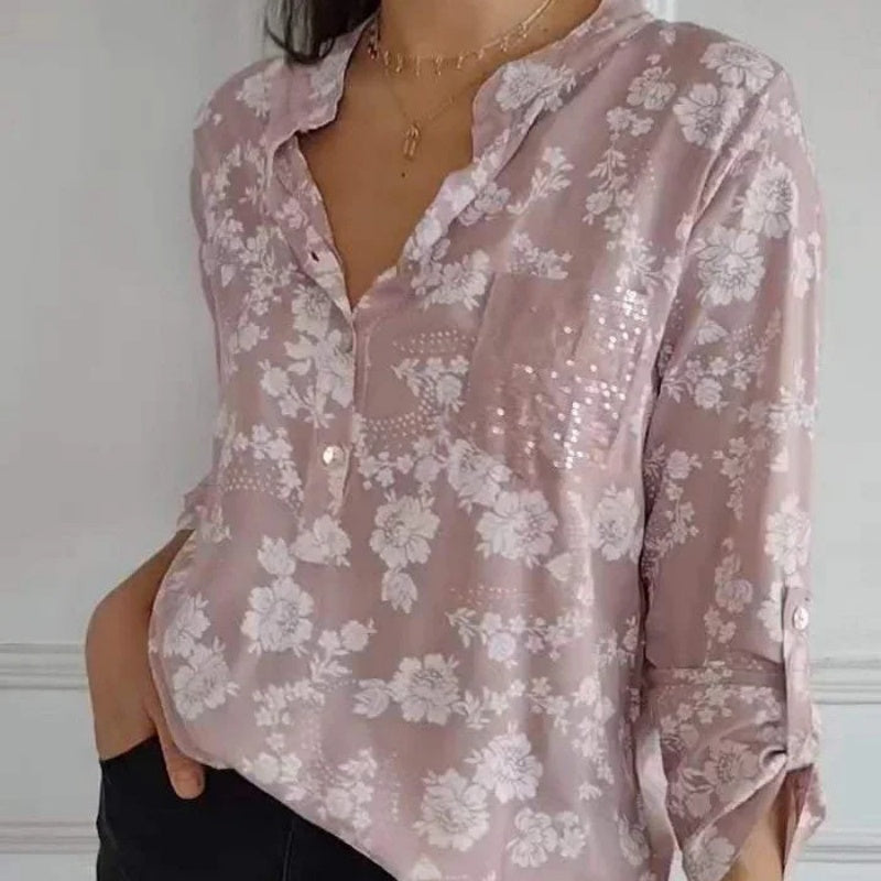 Avice - Long Sleeve Floral Blouse with Sparkly Pocket