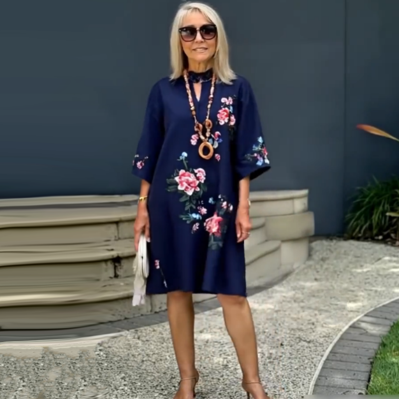 Yolanda - Loose Floral Cotton and Linen Dress with V-Neck