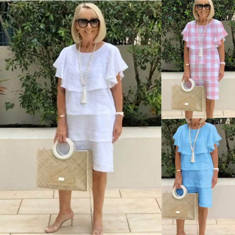 Sibel - Short Sleeve Knee Length Chiffon Dress with Ruffles