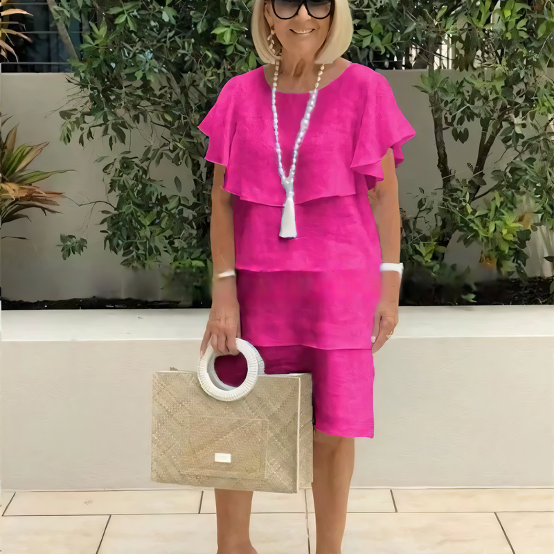 Sibel - Short Sleeve Knee Length Chiffon Dress with Ruffles