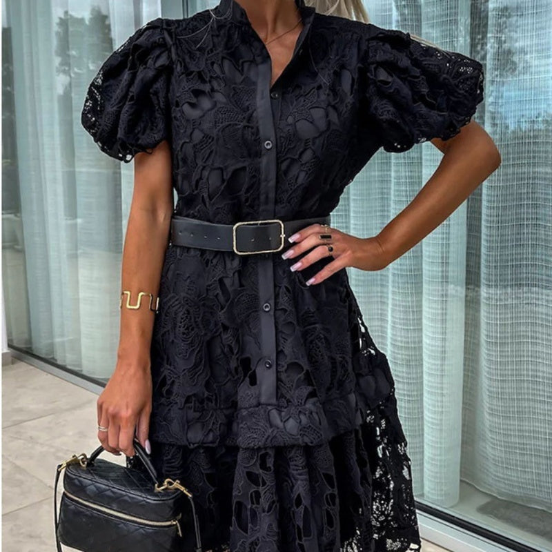 Layla - Women's Retro Lace Dress with Short Sleeves and Cutouts