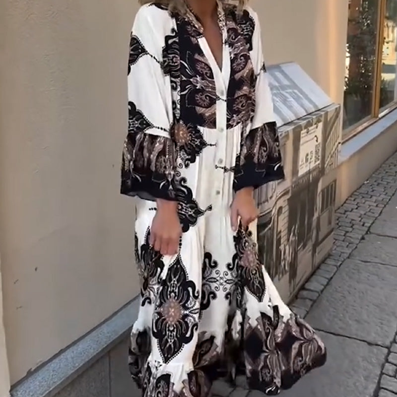 Anirelle - Elegant women's printed dress with loose, flowing V-neck and flared sleeves