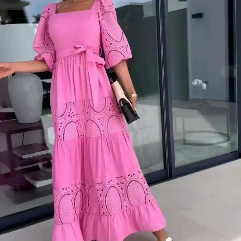 Therenia - Long Patchwork Dress with Belt and Square Neckline