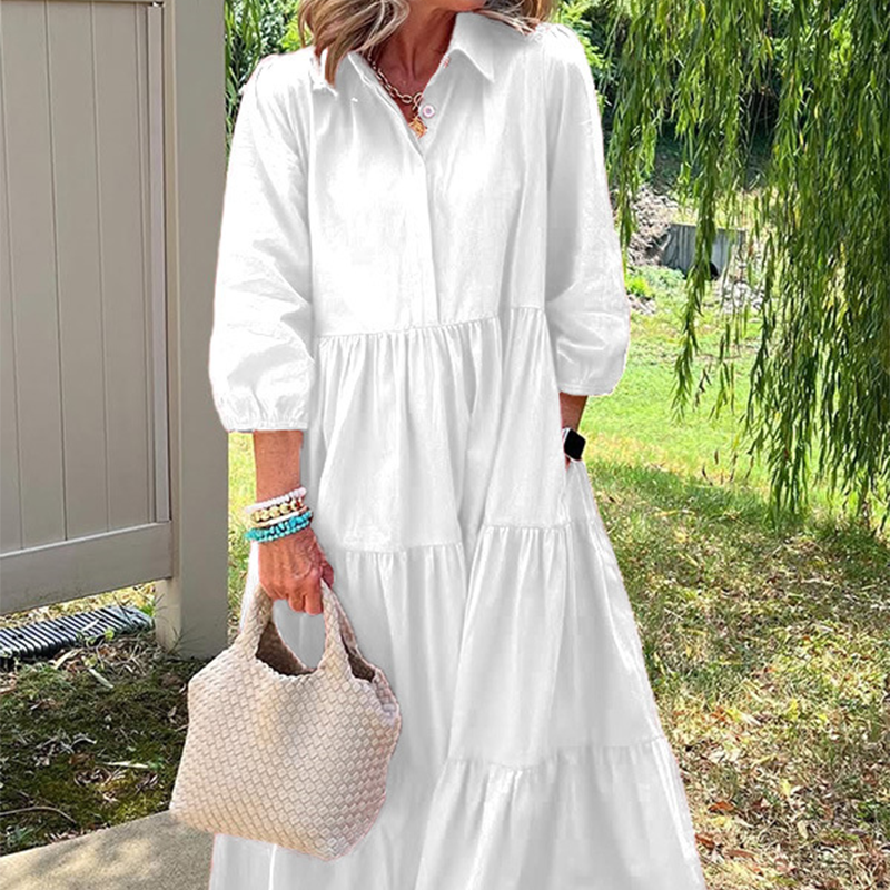 Faelina - Women's Casual Dress, Loose Fit with Lapel Collar and Ankle Length