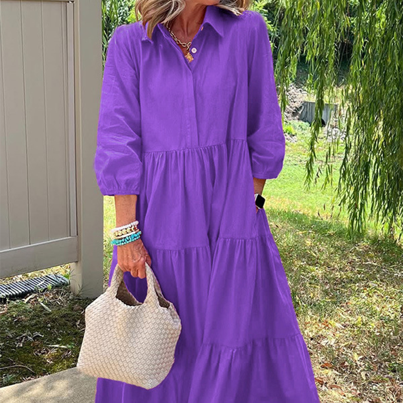 Faelina - Women's Casual Dress, Loose Fit with Lapel Collar and Ankle Length