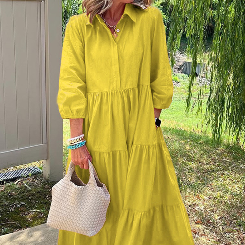 Faelina - Women's Casual Dress, Loose Fit with Lapel Collar and Ankle Length