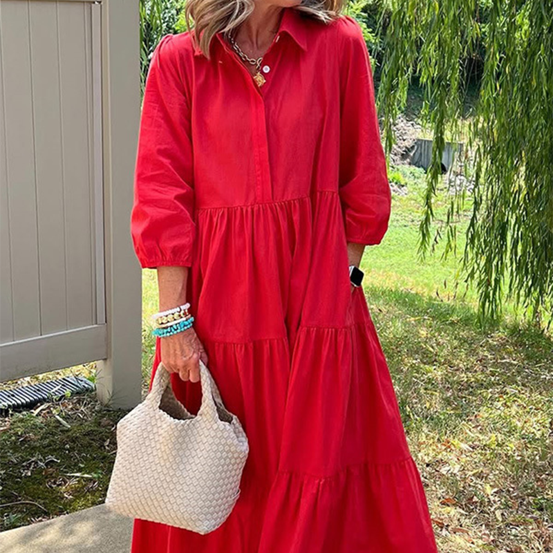 Faelina - Women's Casual Dress, Loose Fit with Lapel Collar and Ankle Length