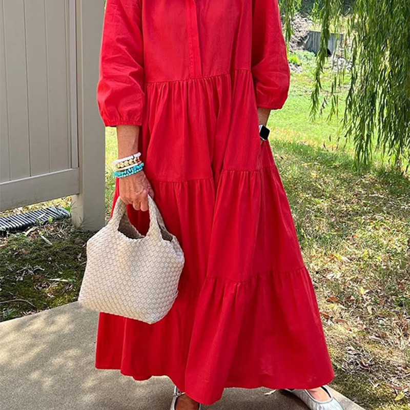 Faelina - Women's Casual Dress, Loose Fit with Lapel Collar and Ankle Length