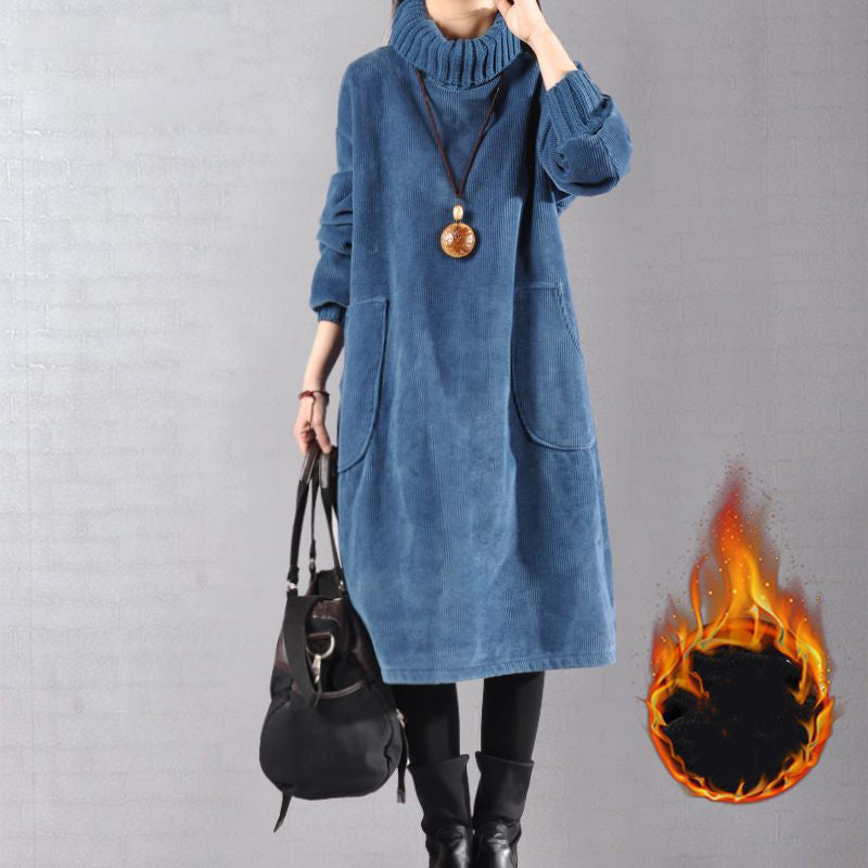 Lunavellia - Women's High Neck Corduroy Maxi Dress