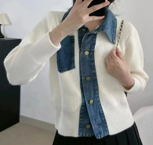 Ceralisse - Denim Effect Knit Cardigan with Polo Collar