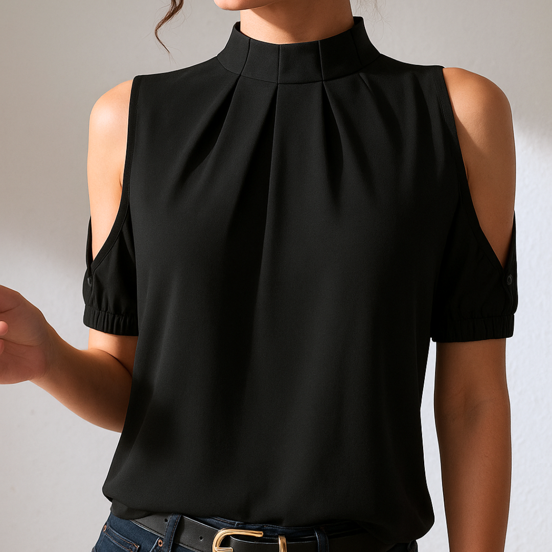 Evelia - Black pleated blouse with slit sleeves