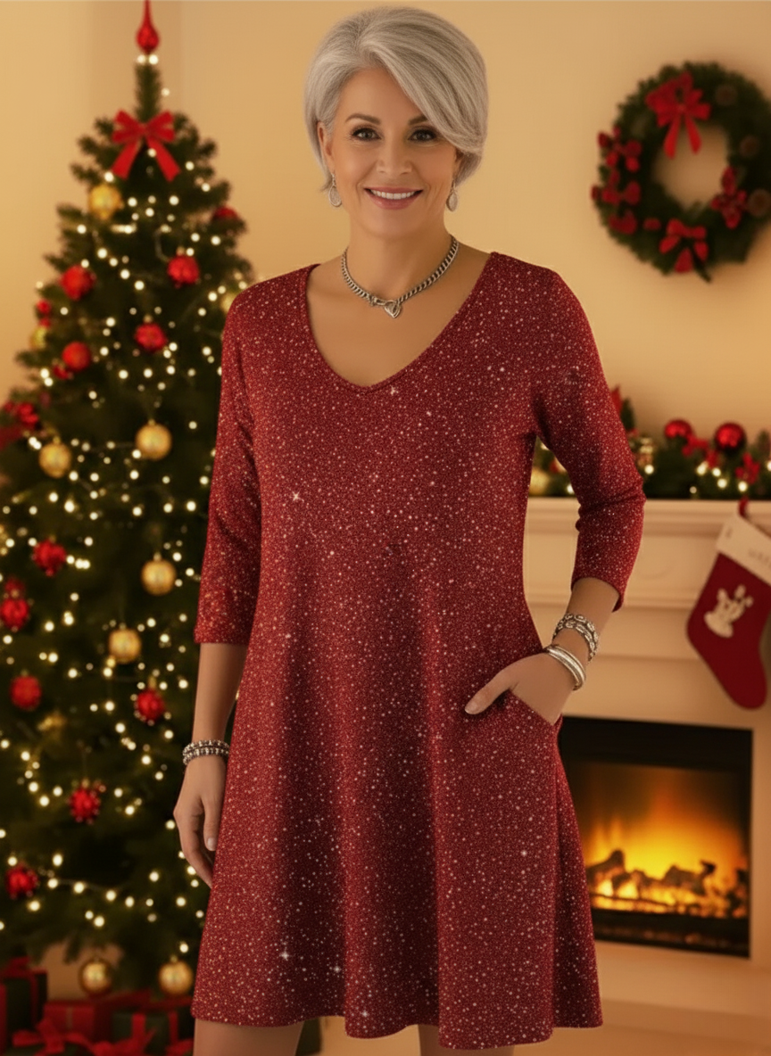 Amelindra - Pretty Sparkling V-Neck Festive Dress
