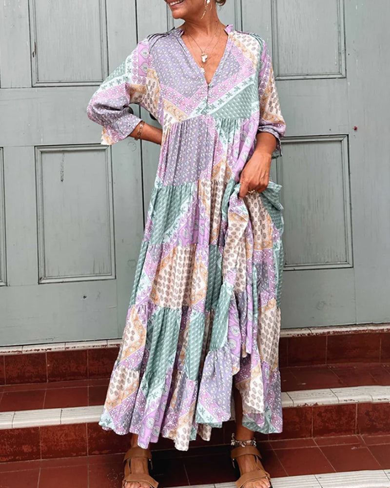 Quinna - Colourful maxi dress with Colour block print and 3/4 sleeves